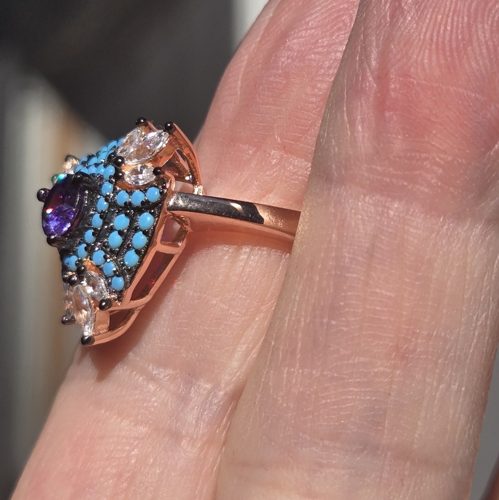 Amethyst Turquise & topaz Sterling & Rosegold Ring Sz8 - Picture 4 of 12
